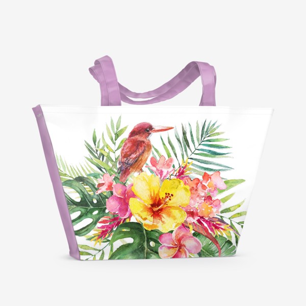 Пляжная сумка «Тропическая композиция цветы и пальмовые листья»
