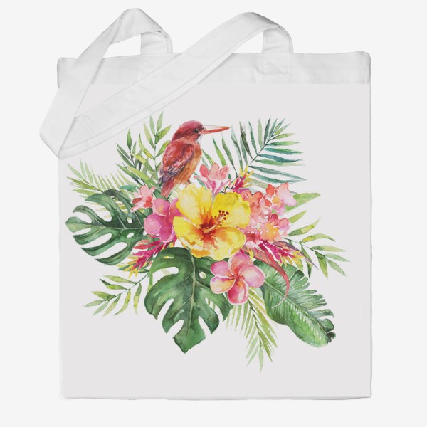 Сумка хб &laquo;Тропическая композиция цветы и пальмовые листья&raquo;