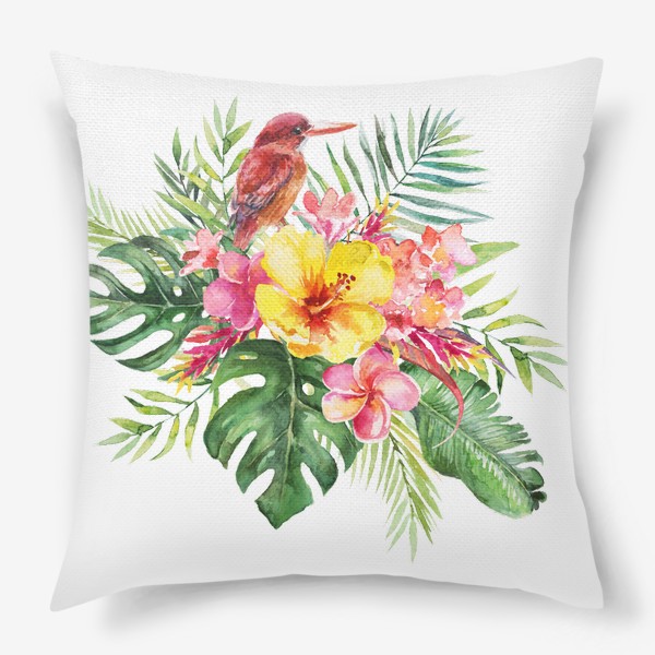 Подушка «Тропическая композиция цветы и пальмовые листья»