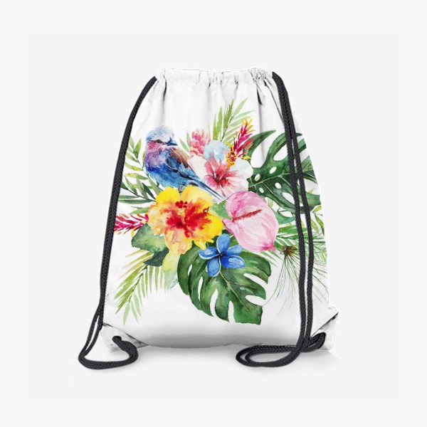 Рюкзак «Тропическая композиция цветы, пальмовые листья и птица»