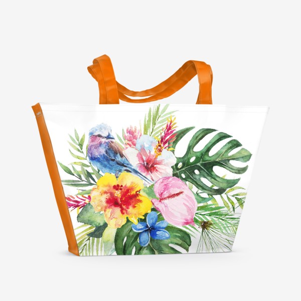 Пляжная сумка «Тропическая композиция цветы, пальмовые листья и птица»