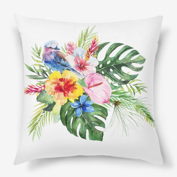 Подушка «Тропическая композиция цветы, пальмовые листья и птица»