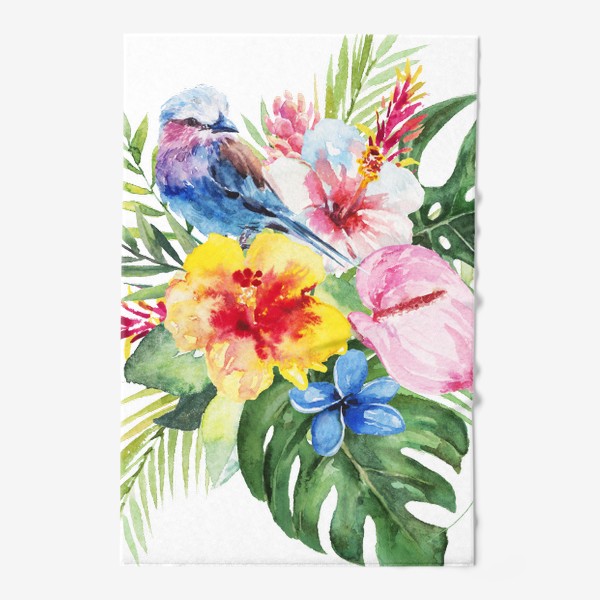 Полотенце «Тропическая композиция цветы, пальмовые листья и птица»