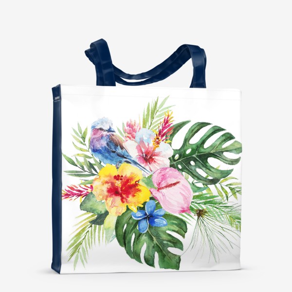 Сумка-шоппер «Тропическая композиция цветы, пальмовые листья и птица»