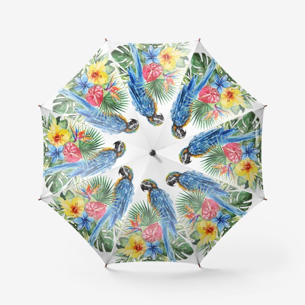 Зонт «Тропическая композиция цветы, пальмовые листья и попугай»