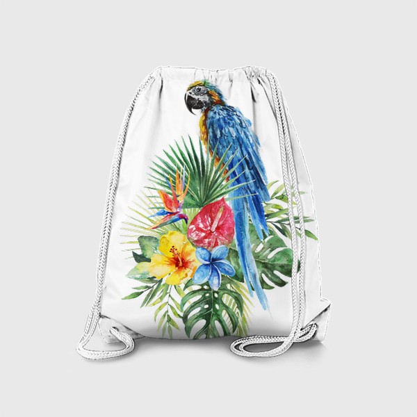 Рюкзак &laquo;Тропическая композиция цветы, пальмовые листья и попугай&raquo;