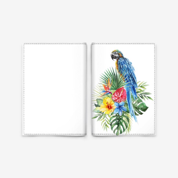Обложка для паспорта «Тропическая композиция цветы, пальмовые листья и попугай»