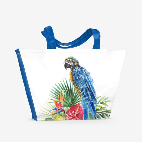 Пляжная сумка «Тропическая композиция цветы, пальмовые листья и попугай»