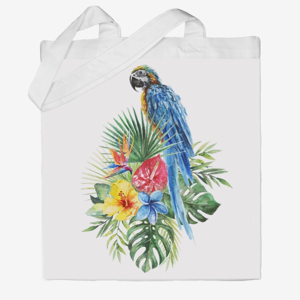 Сумка хб «Тропическая композиция цветы, пальмовые листья и попугай»