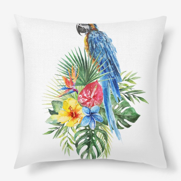 Подушка &laquo;Тропическая композиция цветы, пальмовые листья и попугай&raquo;
