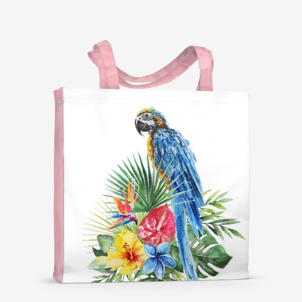 Сумка-шоппер «Тропическая композиция цветы, пальмовые листья и попугай»
