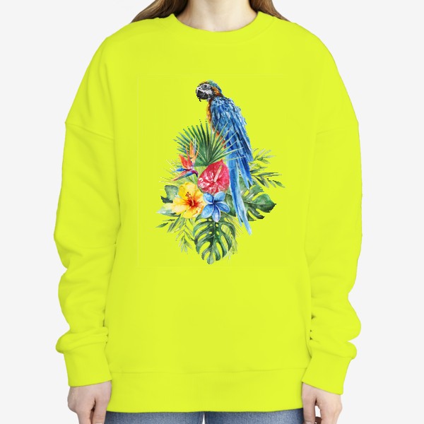 Свитшот &laquo;Тропическая композиция цветы, пальмовые листья и попугай&raquo;