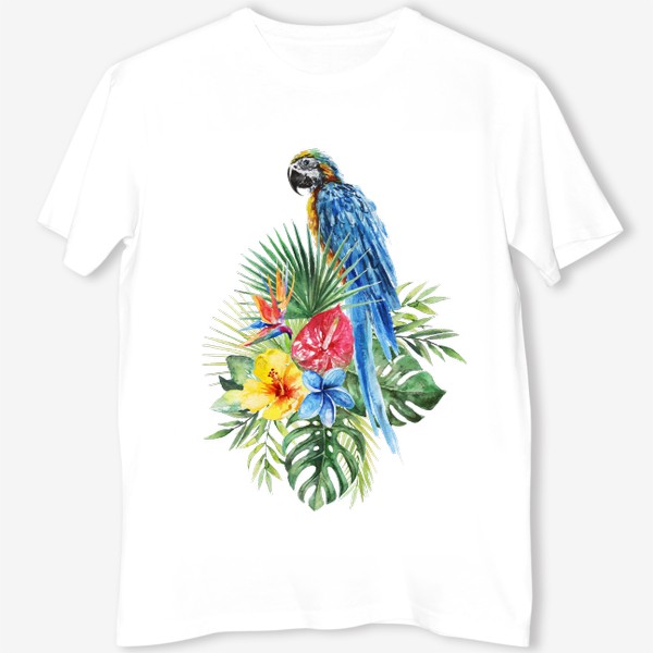 Футболка «Тропическая композиция цветы, пальмовые листья и попугай»