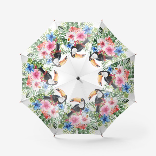 Зонт &laquo;Тропическая композиция цветы, пальмовые листья и тукан&raquo;