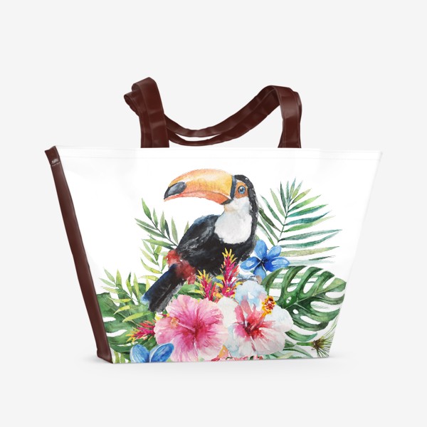 Пляжная сумка &laquo;Тропическая композиция цветы, пальмовые листья и тукан&raquo;