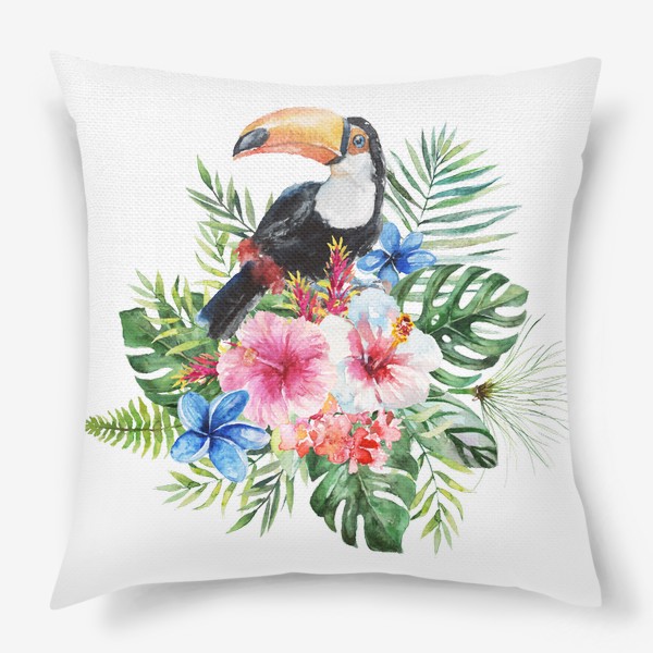 Подушка «Тропическая композиция цветы, пальмовые листья и тукан»