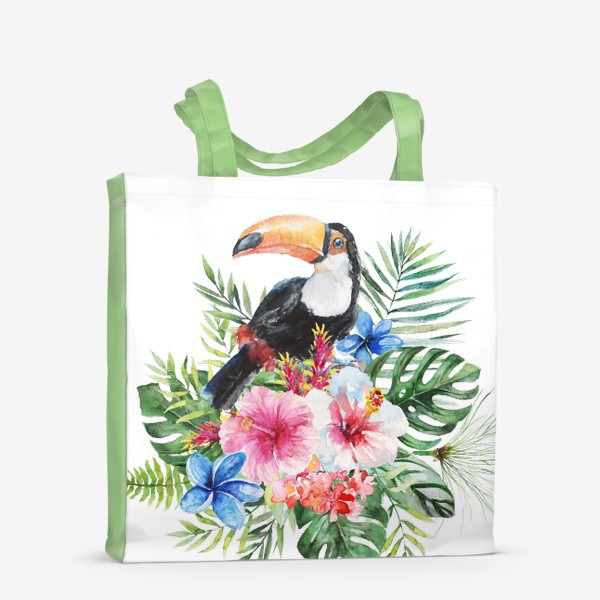 Сумка-шоппер &laquo;Тропическая композиция цветы, пальмовые листья и тукан&raquo;