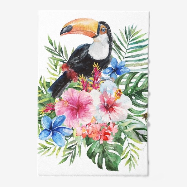 Полотенце &laquo;Тропическая композиция цветы, пальмовые листья и тукан&raquo;