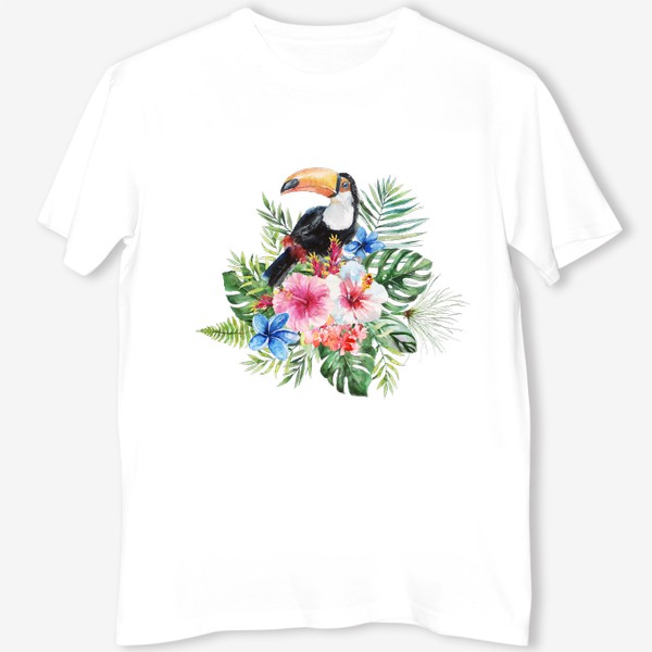 Футболка &laquo;Тропическая композиция цветы, пальмовые листья и тукан&raquo;