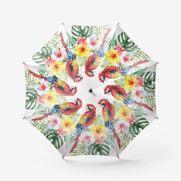 Зонт «Тропическая композиция цветы, пальмовые листья и попугай Ара»