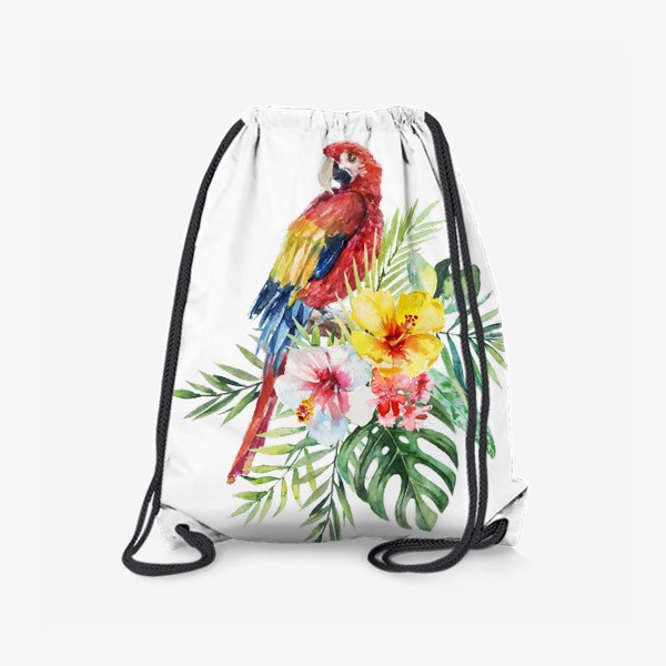 Рюкзак «Тропическая композиция цветы, пальмовые листья и попугай Ара»
