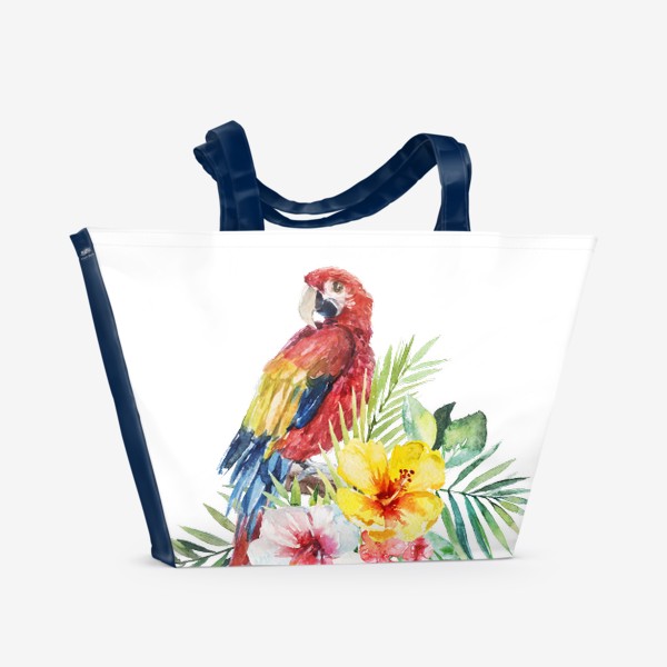Пляжная сумка «Тропическая композиция цветы, пальмовые листья и попугай Ара»