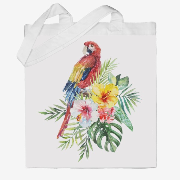 Сумка хб &laquo;Тропическая композиция цветы, пальмовые листья и попугай Ара&raquo;