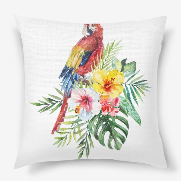 Подушка &laquo;Тропическая композиция цветы, пальмовые листья и попугай Ара&raquo;