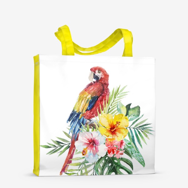 Сумка-шоппер &laquo;Тропическая композиция цветы, пальмовые листья и попугай Ара&raquo;