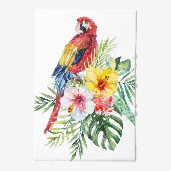 Полотенце &laquo;Тропическая композиция цветы, пальмовые листья и попугай Ара&raquo;