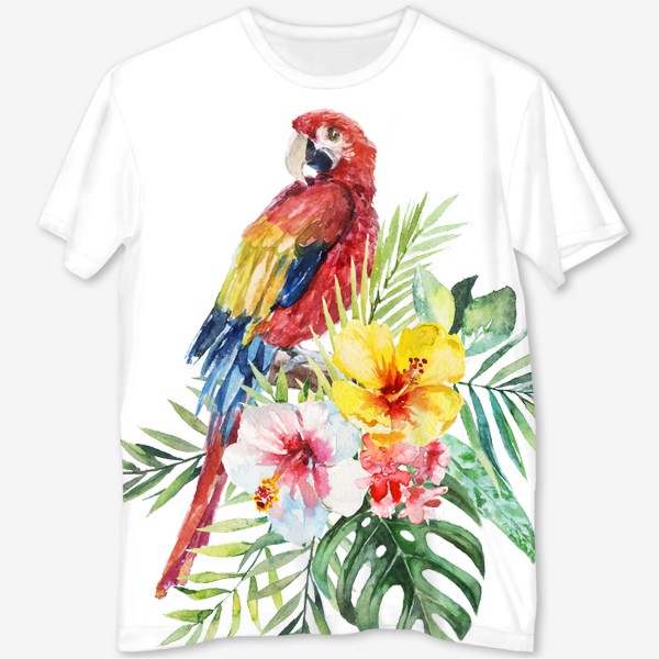 Футболка с полной запечаткой «Тропическая композиция цветы, пальмовые листья и попугай Ара»