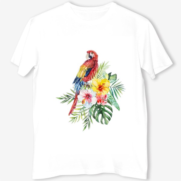 Футболка &laquo;Тропическая композиция цветы, пальмовые листья и попугай Ара&raquo;