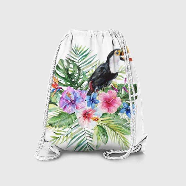 Рюкзак «Тропическая композиция цветы, пальмовые листья и тукан»