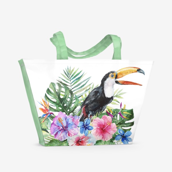 Пляжная сумка «Тропическая композиция цветы, пальмовые листья и тукан»