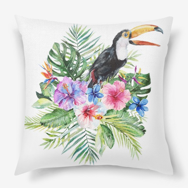 Подушка «Тропическая композиция цветы, пальмовые листья и тукан»