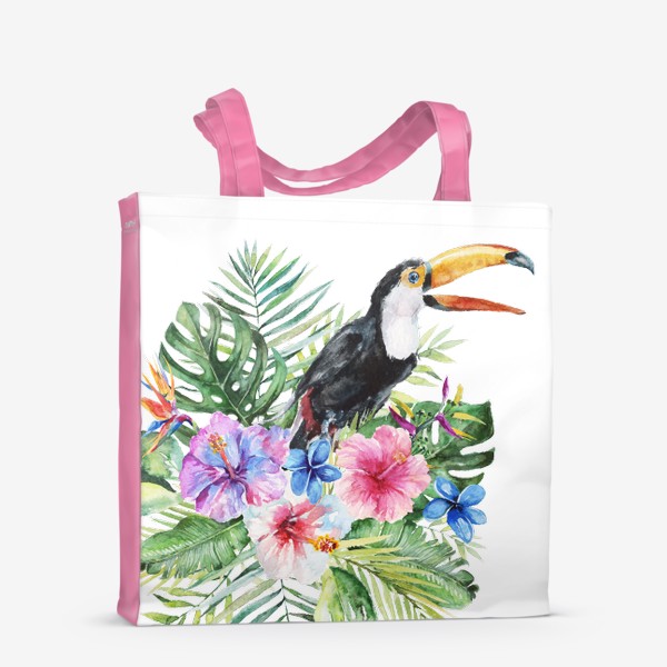 Сумка-шоппер «Тропическая композиция цветы, пальмовые листья и тукан»