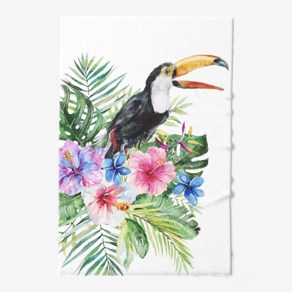 Полотенце «Тропическая композиция цветы, пальмовые листья и тукан»