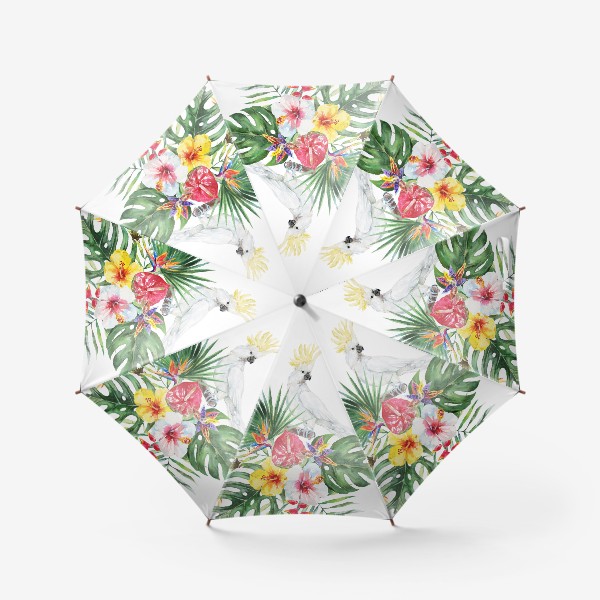 Зонт «Тропическая композиция цветы, пальмовые листья и попугай»