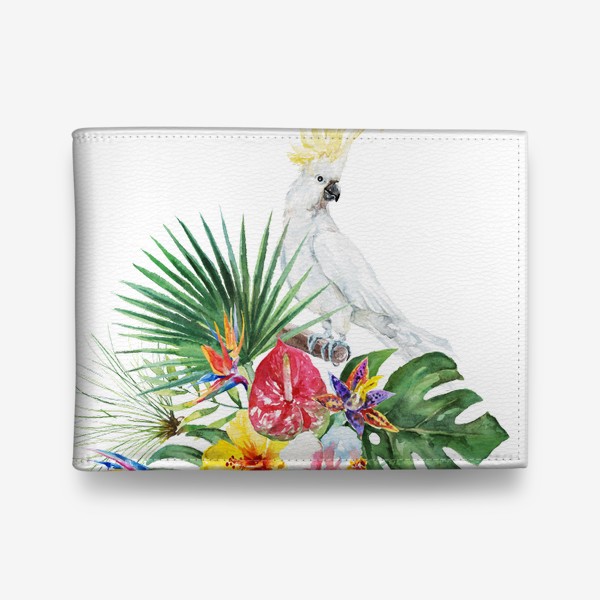 Кошелек «Тропическая композиция цветы, пальмовые листья и попугай»