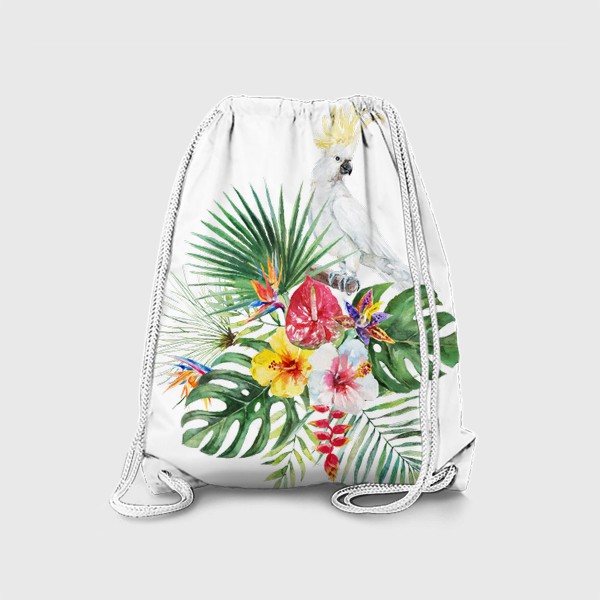 Рюкзак «Тропическая композиция цветы, пальмовые листья и попугай»