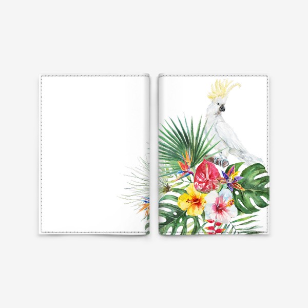 Обложка для паспорта «Тропическая композиция цветы, пальмовые листья и попугай»