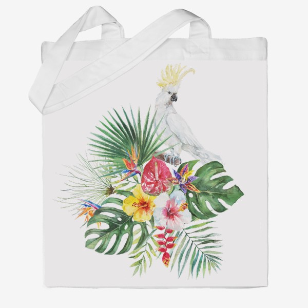 Сумка хб &laquo;Тропическая композиция цветы, пальмовые листья и попугай&raquo;