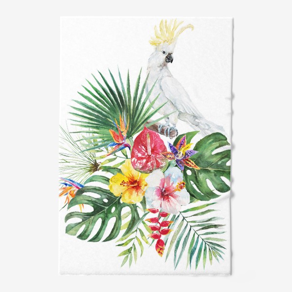 Полотенце «Тропическая композиция цветы, пальмовые листья и попугай»
