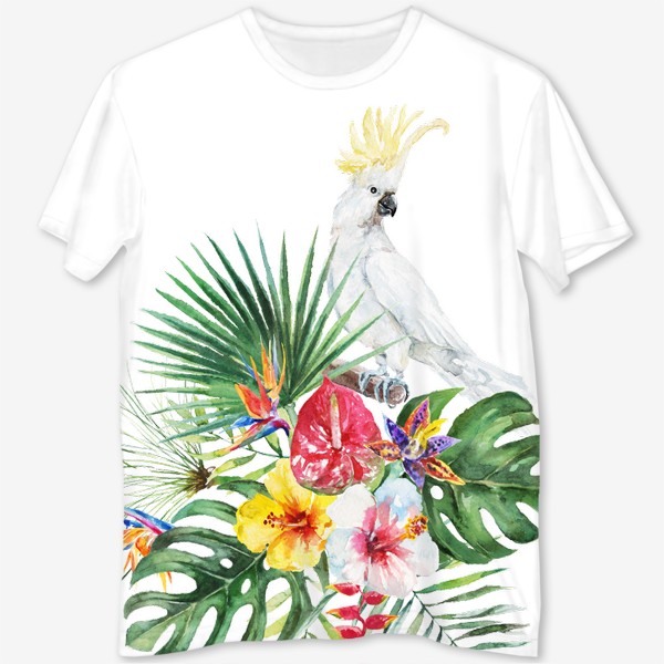 Футболка с полной запечаткой «Тропическая композиция цветы, пальмовые листья и попугай»