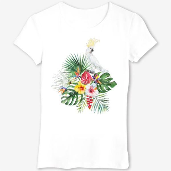 Футболка «Тропическая композиция цветы, пальмовые листья и попугай»