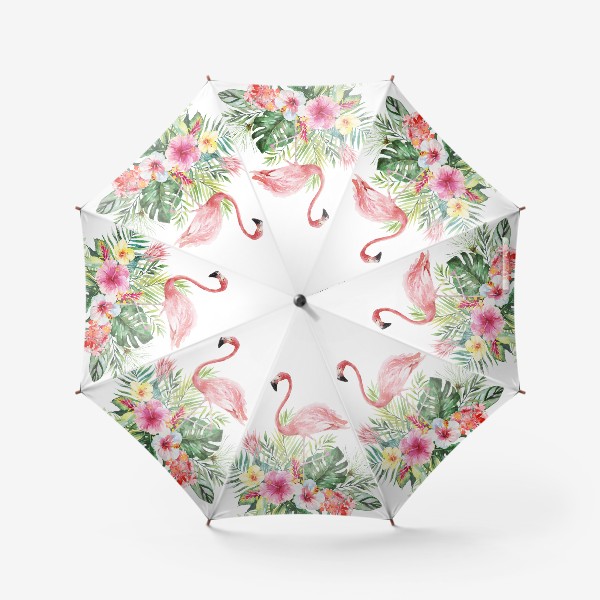 Зонт &laquo;Тропическая композиция цветы, пальмовые листья и розовый фламинго&raquo;
