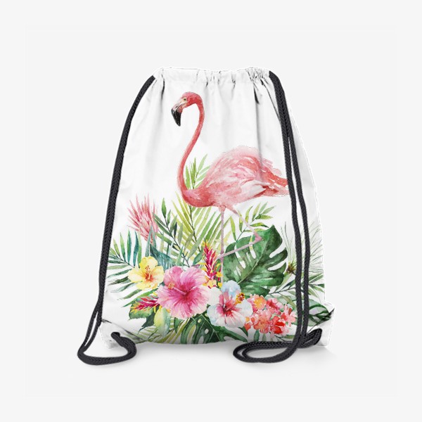 Рюкзак «Тропическая композиция цветы, пальмовые листья и розовый фламинго»