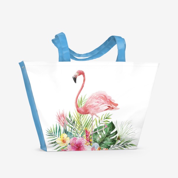 Пляжная сумка «Тропическая композиция цветы, пальмовые листья и розовый фламинго»