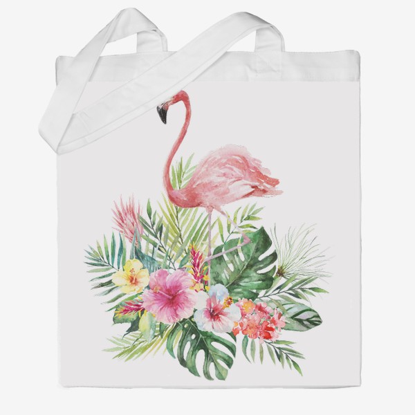 Сумка хб «Тропическая композиция цветы, пальмовые листья и розовый фламинго»
