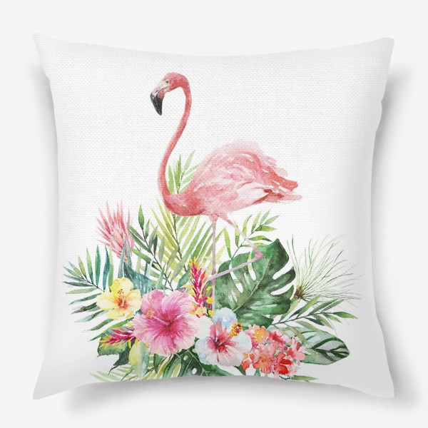 Подушка «Тропическая композиция цветы, пальмовые листья и розовый фламинго»